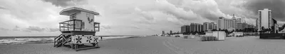 Stormy_Sunrise_Lifeguard_Stand_And_Beach_Panoramic_-_Black_And_White_Version__South_Beach__Florida